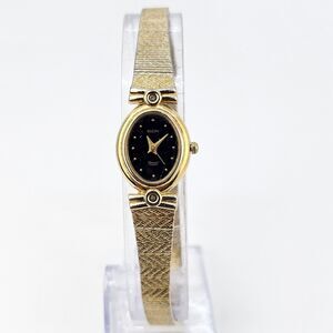 Elgin Women's Watch 17MM Black Dial‎ Gold Bracelet Bands Up to 7.5" New Battery
